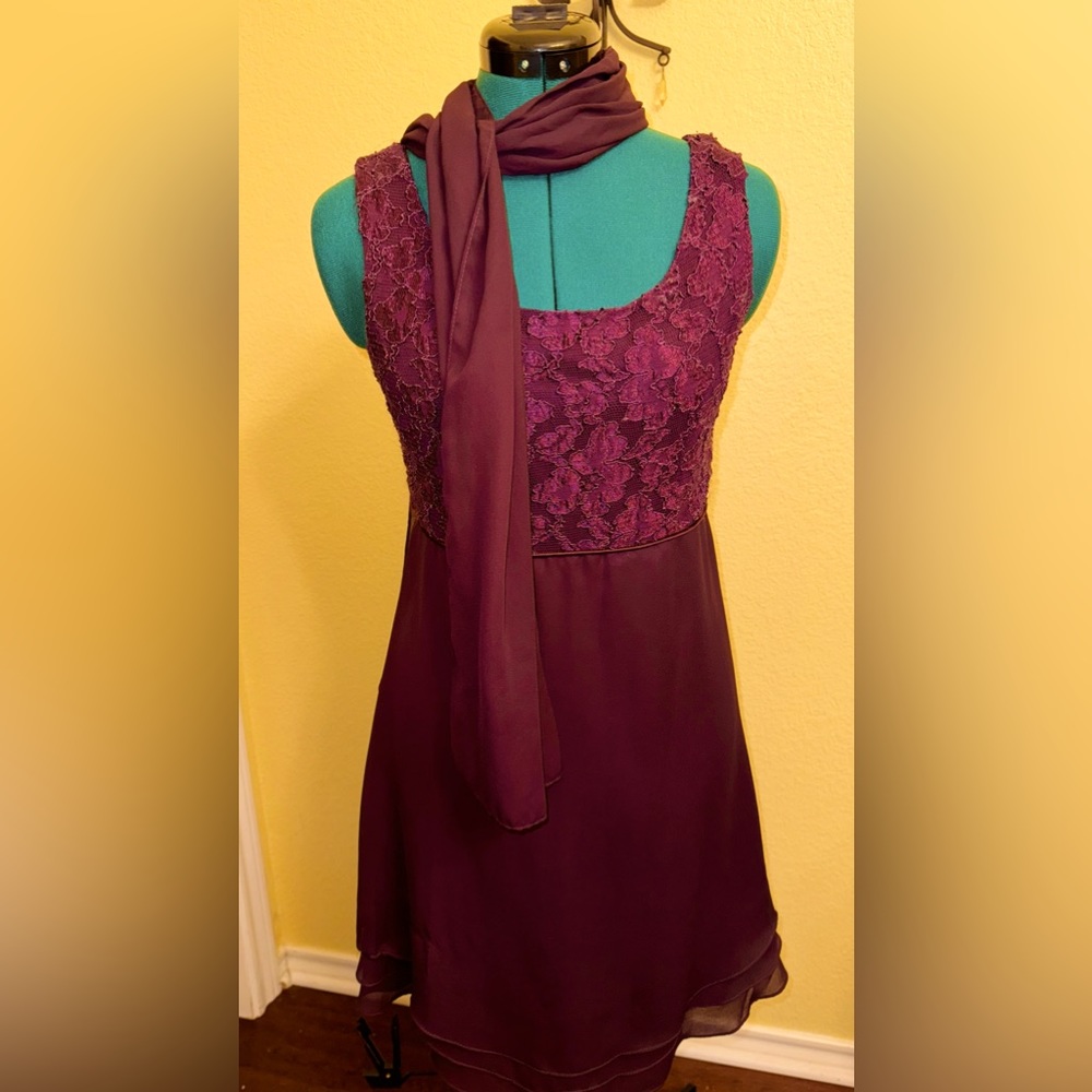 Burgundy knee length formal dress with scarf